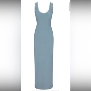 Blue ribbed lace trim skims dress